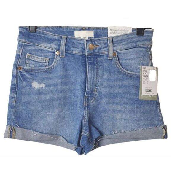 H&M Womens Denim Shorts 6 Blue Stretch Y2K Distressed Cuffed Streetwear - Picture 1 of 7